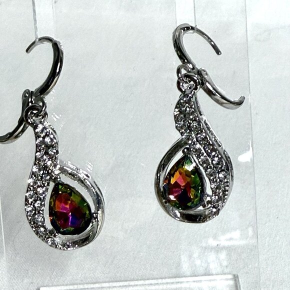 Rainbow Teardrop Crystal & Rhinestone Silver Tone Drop Earrings - Picture 6 of 9